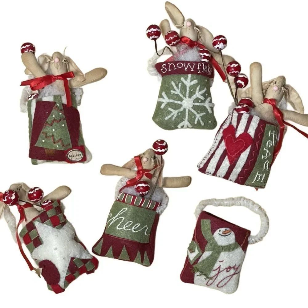 Festive Holiday Ornament Set - Red, Green, White Felt Bags w/Bunnies & Cotton
